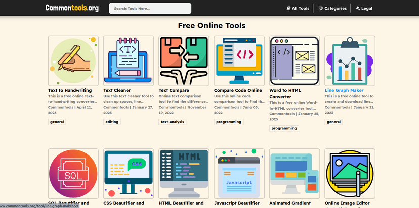 Common Tools is a free all-in-one toolbox for web developers. It contains a lot of useful tools such as JSON formatter & validator, CSS minifier, JS minifier, image compressor, etc.