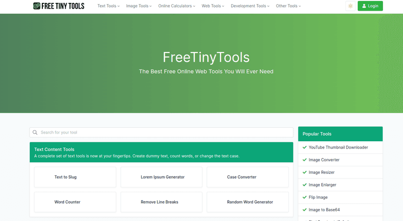 Free Tiny Tools is a free all-in-one toolbox for web developers. It contains a lot of useful tools such as JSON formatter & validator, CSS minifier, JS minifier, image compressor, etc.