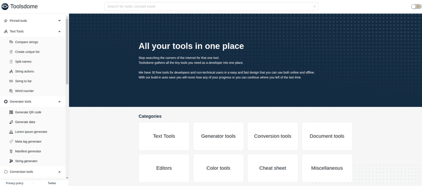 Toolsdome is a free all-in-one toolbox for web developers. It contains a lot of useful tools such as JSON formatter & validator, CSS minifier, JS minifier, image compressor, etc.