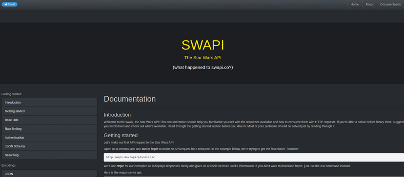 The Star Wars API, or 'swapi' (Swah-pee) is the world's first quantified and programmatically-accessible data source for all the data from the Star Wars canon universe!