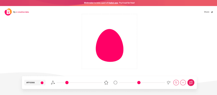 Blobmaker is a free generative design tool made with 💕 by z creative labs, to help you quickly create random, unique, and organic-looking SVG shapes.