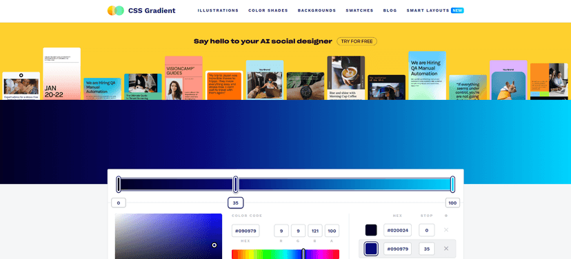 CSS Gradient is a happy little website and free tool that lets you create a gradient background for websites. Besides being a css gradient generator, the site is also chock-full of colorful content about gradients from technical articles to real life gradient examples like Stripe and Instagram.