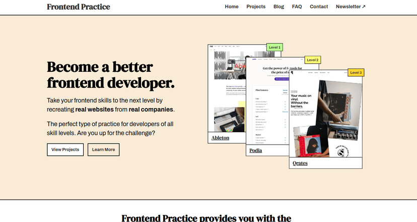 Take your frontend skills to the next level by recreating real websites from real companies. The perfect type of practice for developers of all skill levels. Are you up for the challenge?