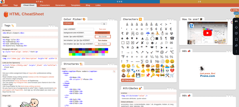 HTML Cheat Sheet contains useful code examples and web developer tools, markup generators and more on a single page. Switch to other web developer sheets, like CSS or JavaScript.