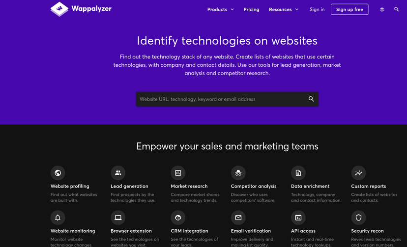 Wappalyzer is a cross-platform utility that uncovers the technologies used on websites. It detects content management systems, ecommerce platforms, web frameworks, server software, analytics tools and many more.