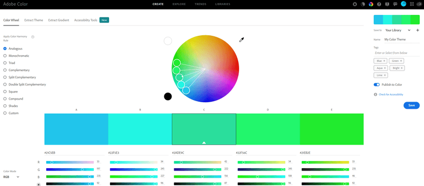 Create color palettes with the color wheel or image, browse thousands of color combinations from the Adobe Color community