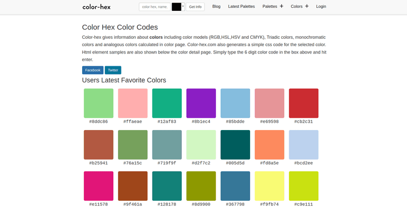 Color hex is a easy to use tool to get the color codes information including color models (RGB,HSL,HSV and CMYK), css and html color codes