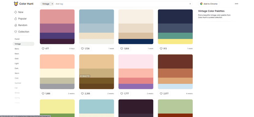 Color Hunt is a free and open platform for color inspiration with thousands of trendy hand-picked color palettes