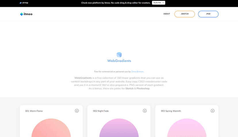 A free collection of 180 linear gradients that you can use as content backdrops in any part of your website